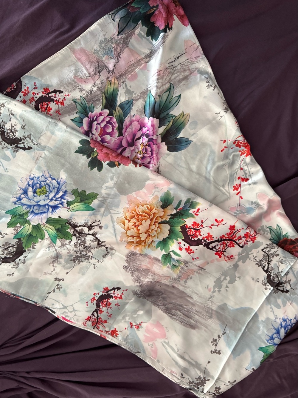Japanese accents & Cherry Blossoms 100% Silk Feel Polyester Scarf